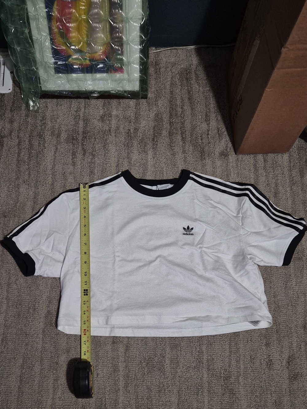 adidas White & Black Cropped Trefoil Ringer Tee